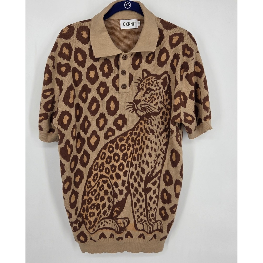 OXKNIT Leopard Print Knit Sweater Men's Size XL Brown Short Sleeve Collared Y2K